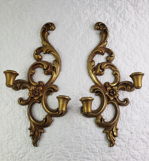 Vintage Gold Syroco Wood Sconce Candelabra Wall Hanging Candle Mid Century Set 2